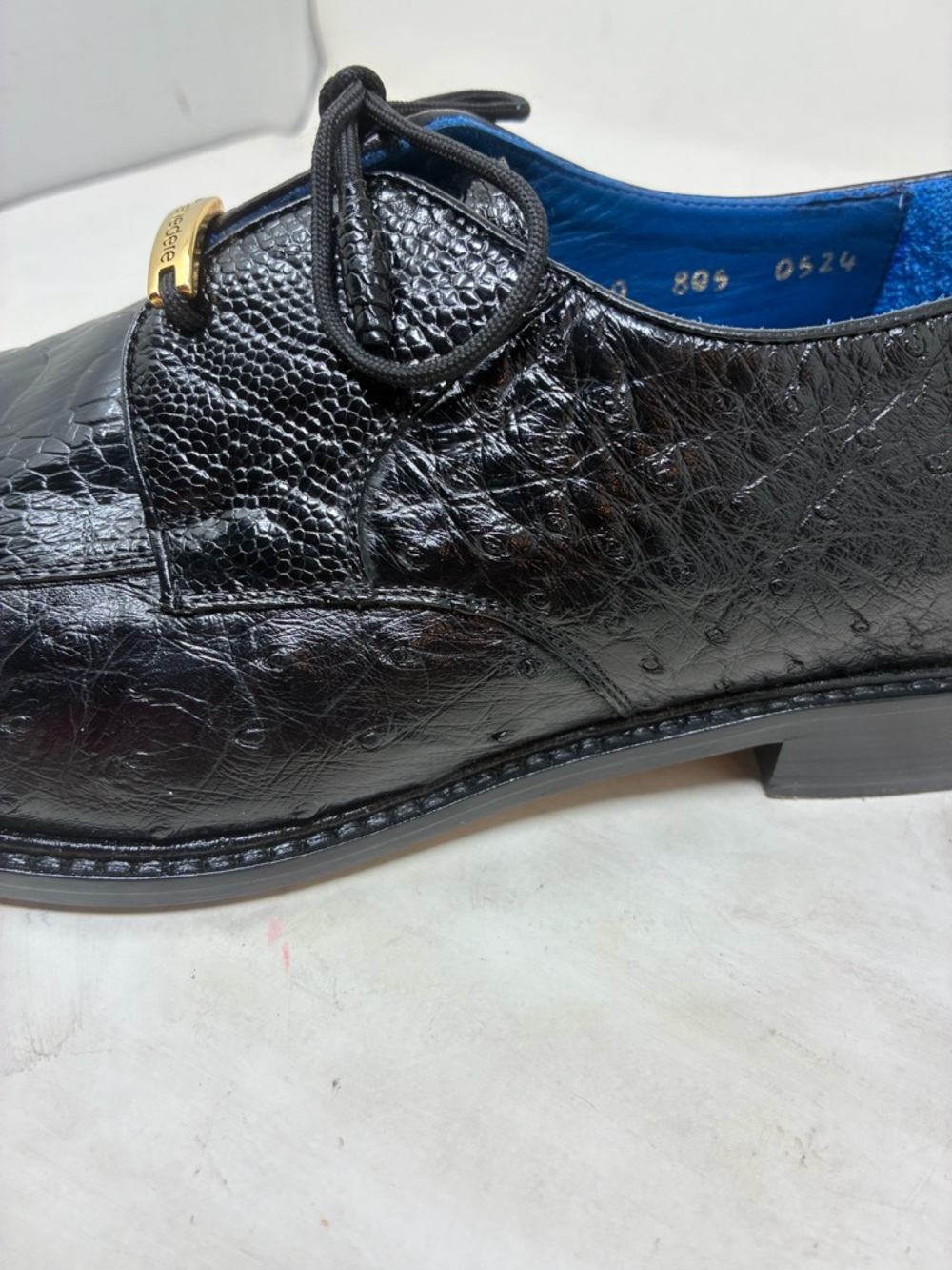 Men's Black Ostrich Leather Dress Shoe - Lace-Up Oxford - Picture 7 of 15
